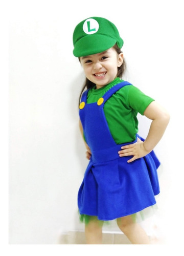 Imagen 1 de 2 de Disfraz Niña Vestido Luigi Mario Bros Falda Lindos Disfraces