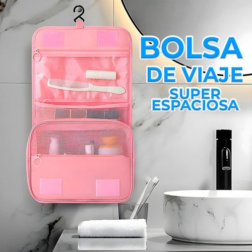 Bolsa Mochila Aseo Cosmetiquera Plegable Viaje Impermeable Color Rosa