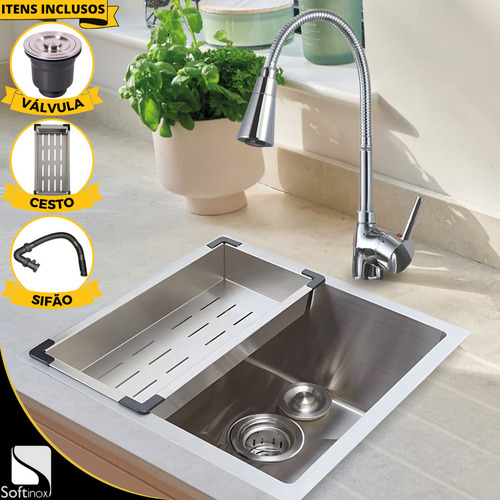 Kit Cuba Cozinha Gourmet 44x44 Inox Com Torneira Monocomando Cor Escovado