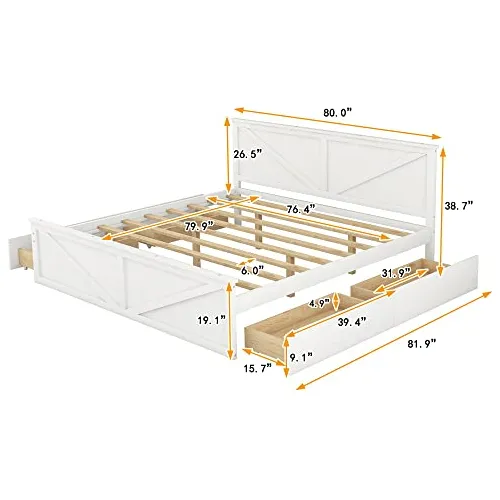 Cama Plataforma De Madera Tamaño King Con Cabecera Y Alm