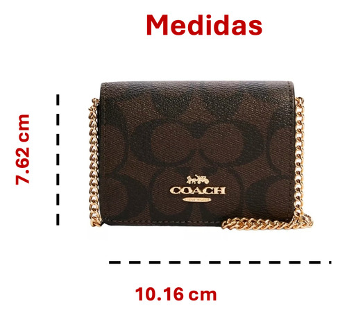 Mini Bolsa Cartera Coach Mini Wallet On A Chain Crossbody Marrón Lisa Oro Dorado