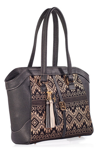 Bolso De Piel Artesanal Angelozano Maya Reboso Negro Acabado de los herrajes Oro Diseño de la tela Maya Rebozo