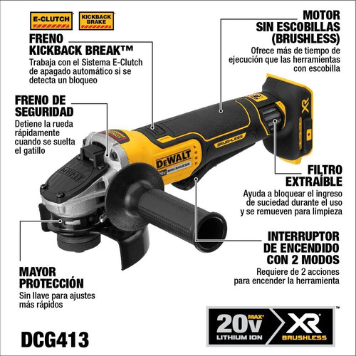 Imagen 3 de 6 de Miniesmeriladora angular inalámbrica DeWalt DCG413B color amarillo 800 W + accesorio