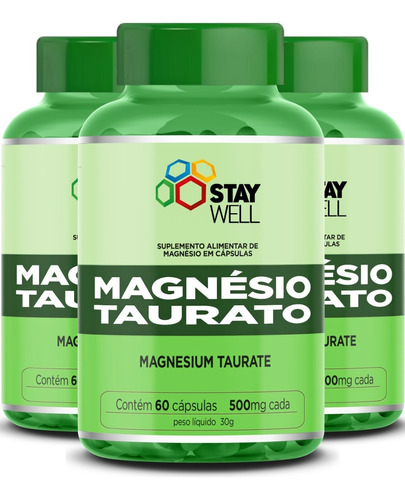 3un. Do Magnésio Taurato 800mg - 100% Puro - 180 Cápsulas Sabor Sem sabor