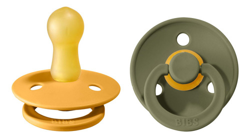 Bibs Colour Paquete De 2 Chupetes. Libre De Bpa, Tetina Redonda. Látex Natural, Talla 2 (6-18 Meses) Honey Bee / Olive