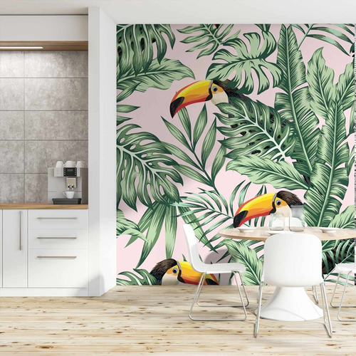 Vinil Decorativo Animales Tapiz Wallpaper Moderno Mod Color Tucanes Fondo Rosa