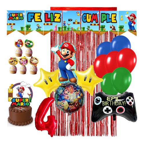 Combo Kit Full Mario Bros Globos + Banderin + Pinches 