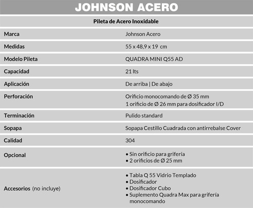 Imagen 3 de 3 de Pileta Bacha Simple Cocina Johnson Luxor Quadra Mini Q55 Ad