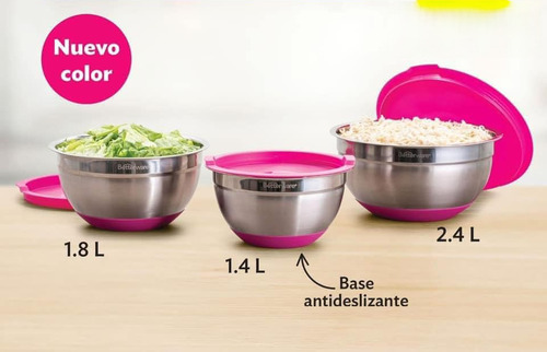 Set Tres Bowls Inox Pink Con Tapa Betterware