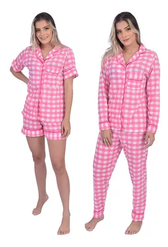 Pijama Americano Longo Xadrez Rosa