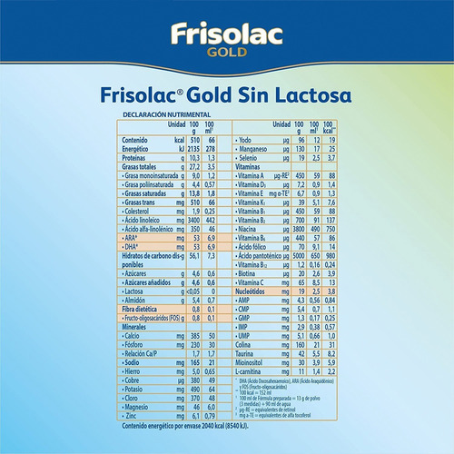 Frisolac Gold Sin Lactosa (0 A 12 Meses) Pack C/ 800 Gr