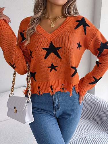 Jersey Casual De Punto De Estrellas Con Cuello En V