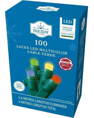 100 Luces Multicolor Led Cable Verde Serie Navidad Navideña