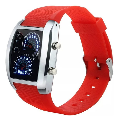 Reloj Aviador Led Premium Tipo Velocimetro Rojo Y Plata