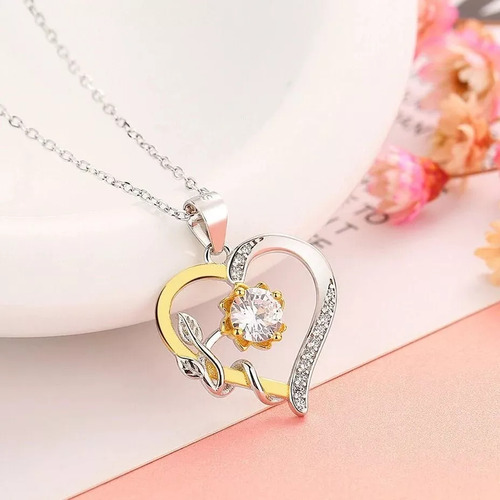 Collar Plata Fina 925 Corazon Girasol Moissanita Baño Oro Con Caja