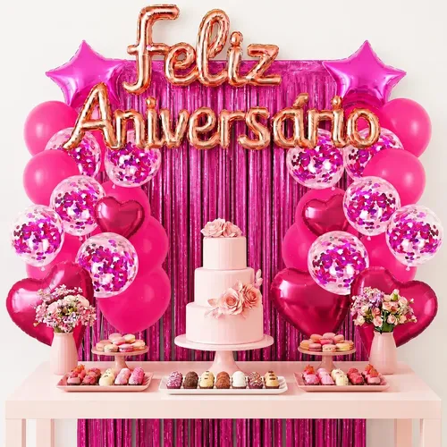 Kit Balão Feliz Aniversário 26 Peças Decoração Festa Letreiro Rose C