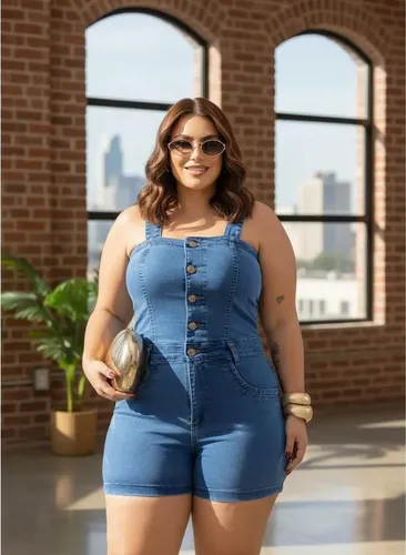 Macacão Alças Shorts Plus Size Jeans Macaquinho C/ Lycra