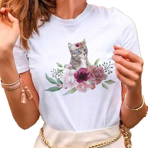 Remera Dama Mujer Street Mascota Con Flores Gato Gatito #04