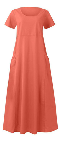 Vestido Informal Holgado De Algodón Y Lino Con Bolsillos