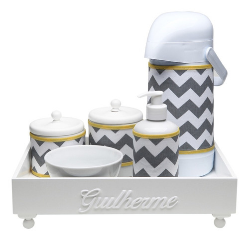 Kit Higiene Madeira Cinza Chevron Amarelo Porcelana Bebê Cor Cinza