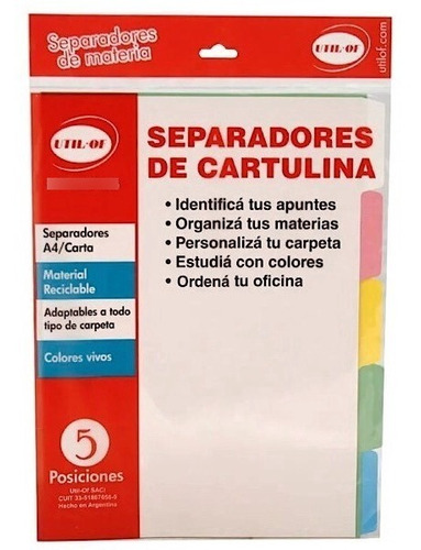 Separadores Oficio Cartulina X5 Posiciones 180g Util-of