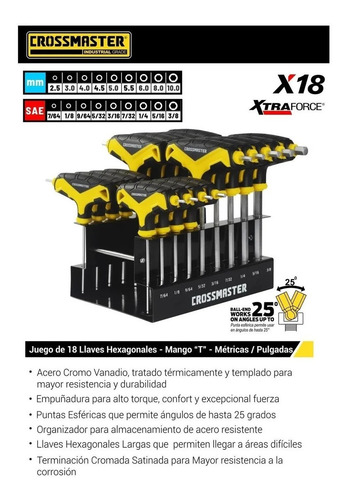 Imagen 2 de 3 de Set Llaves Mango T Allen Hexagonales Metricas Mm Pulgada Sae