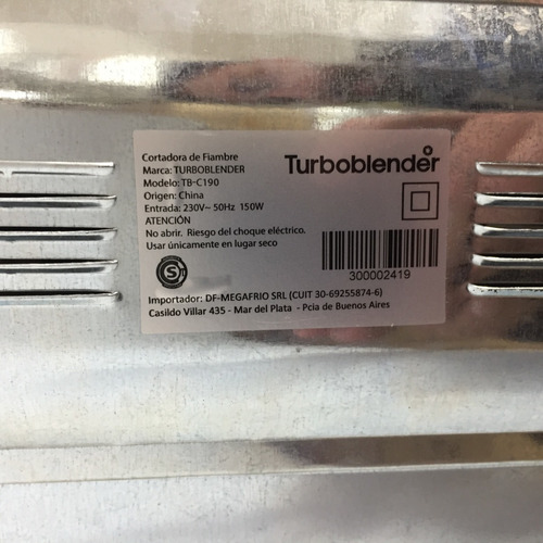 Imagen 6 de 9 de Cortadora De Fiambre Familiar Turboblender Tbc-190 Hogareña