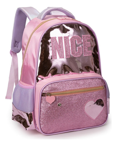 Mochila Nice Com Glitter Juvenil Escolar C/ Chaveiro Pompom Cor Rosa