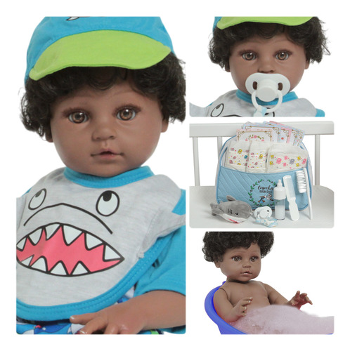 Boneco Bebê Reborn Articulado Cabelo Enrolado Tubarãozinho