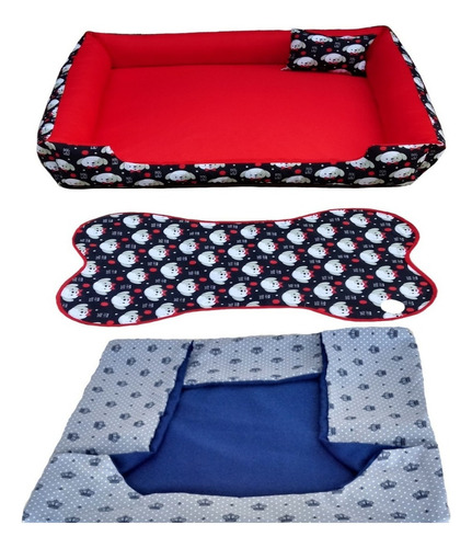 Cama Para Cachorro Grande Gg 95x95 Cm + Tapete E Capa Extra Cor Cama Vermelha E Capa Azul Coroa