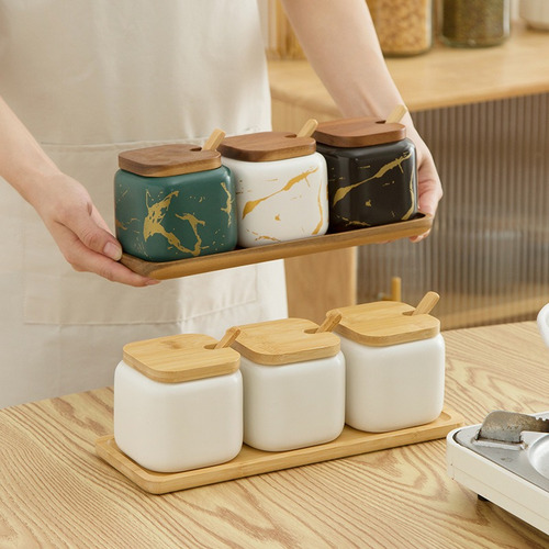 Contenedores Especieros Ceramica Tapa Cuchara Bambu Bandeja Color Blanco