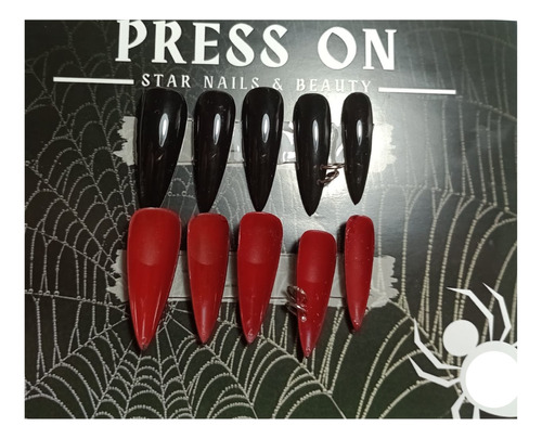 Uñas Press On Negras/rojas Stiletto Con Piercing/argollas