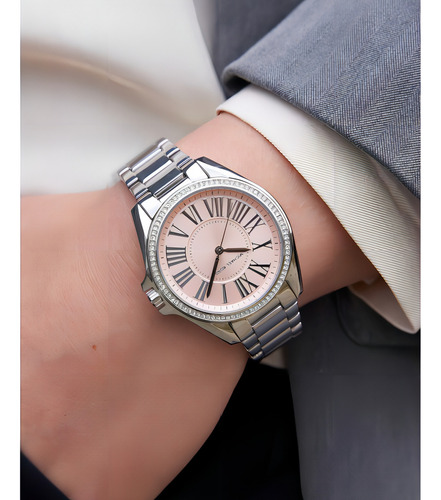 Relógio Michael Kors original para mulheres Mk6929, fundo prateado, cor rosa