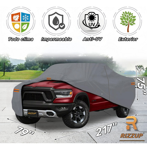 Rizzup® 5.5m Funda Para Pickup 100% Impermeable Cubiertas Para Autos Coche Protector Automovil Vehiculos Accesorios Gris Oscuro 4 Tiras Reflectantes Incluye Cremallera Lateral