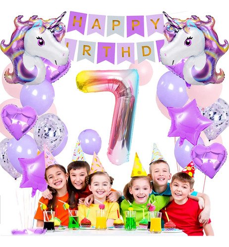 Decoraciones para fiesta séptimo cumpleaños, globos cumpleaños de unicornio para niñas, morados, unicornio cumpleaños para niños