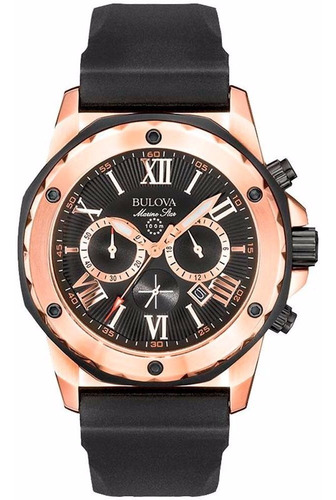 Bulova Marine Star104 Para Hombre Cronógrafo Original 98b104 Correa Negro Bisel Rosa Claro Fondo Negro