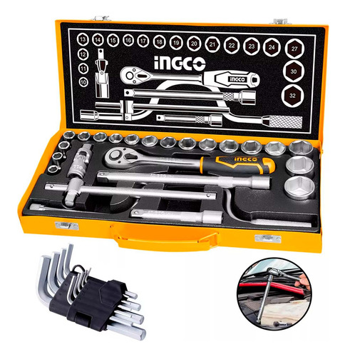 Set Juego De Dados Tubo 24pcs 12'' Ingco + Llave Allen