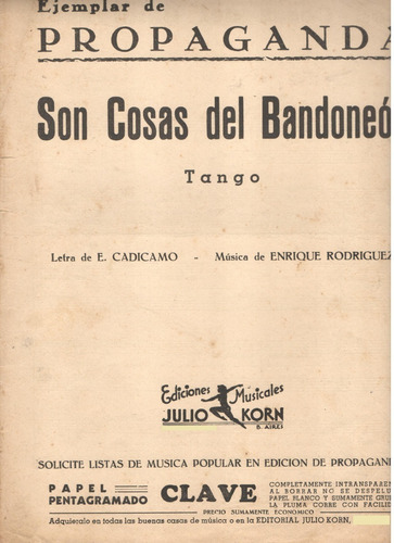 Partitura Del Tango Son Cosas Del Bandoneón De E. Cadícamo