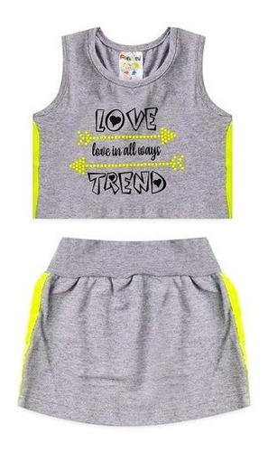 Conjunto Infantil Criança Menina Saia + Blusa Cropped Love