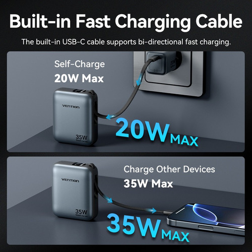 Cargador Portatil Power Bank Usb C 10000mah 35w Vention Color Negro