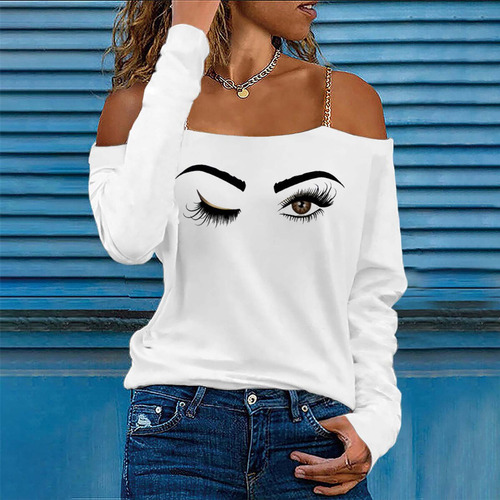 Camiseta De Manga Larga Casual Con Hombros Descubiertos Para