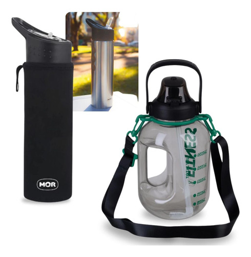Garrafa 1,8l Alça Suporta Celular + Garrafa 750ml Com Capa
