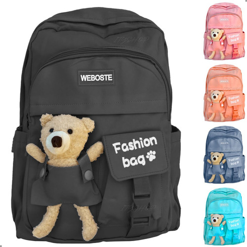 Mochila Juvenil Grande Com Pelúcia Urso Escolar Feminina Cor Preto Desenho Do Tecido Urso Pelúcia