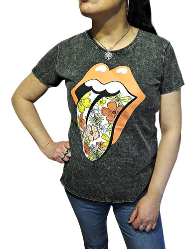 Remera Rock Mujer  Nevada Rolling Stones Lengua Flores