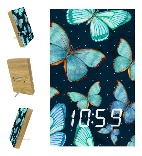 Hermoso Reloje Despertador Digital Madera Mariposa Azul Usb