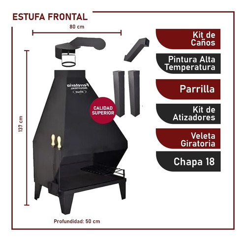 Estufa Frontal Leña Chapa 18 80x137cm Kit De Caños Incluido