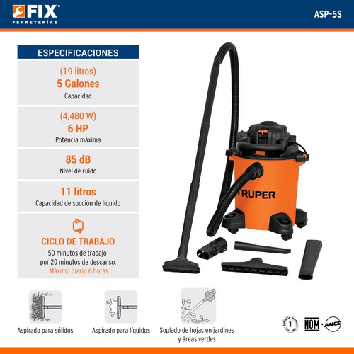 Aspiradora/Sopladora seco-mojado Truper ASP-5S 19L (5 galones) naranja y negra 127V 60Hz