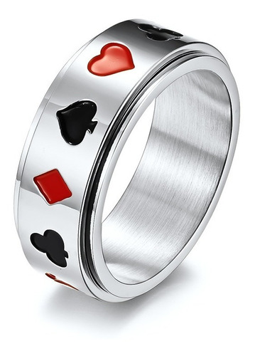 Anillo Poker Giratorio Diamante Trebol Coraz Acero Inox A219