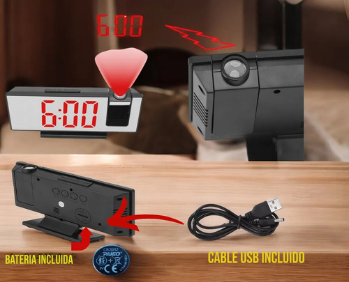 Reloj Con Proyector Espejo Despertador Pantalla Lcd Negro