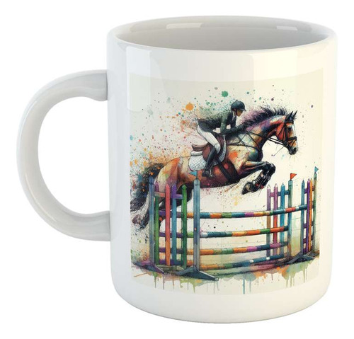 Taza Ceramica Caballo Salto Obstaculos Equitacion M2